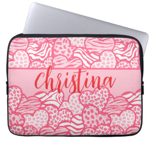 Girly Blush Pink Cute Animal Print Hearts Name  Laptop Sleeve