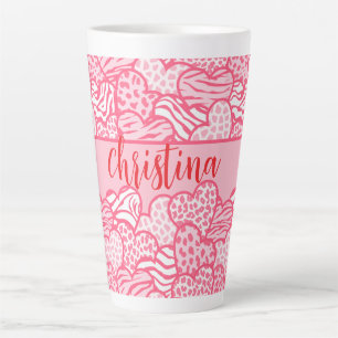 Girly Blush Pink Cute Animal Print Hearts Name  Latte Mug