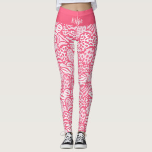 Girly Blush Pink Cute Animal Print Hearts Name Leggings
