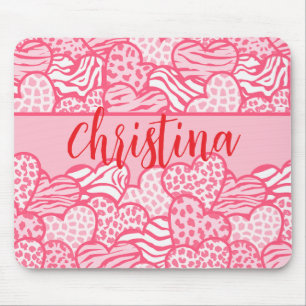 Girly Blush Pink Cute Animal Print Hearts Name  Mouse Mat