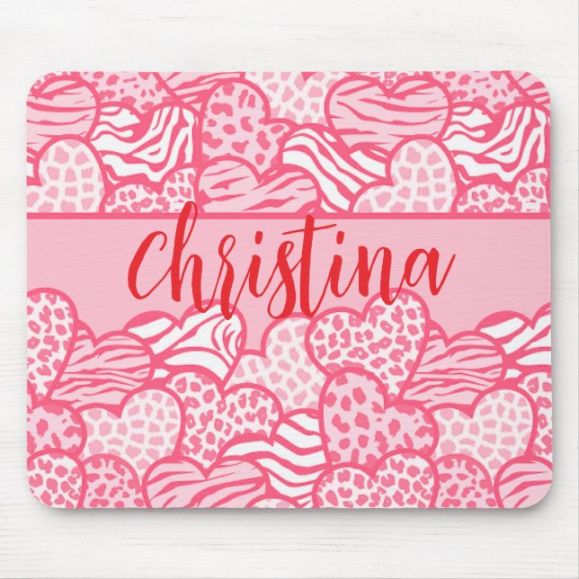 Girly Blush Pink Cute Animal Print Hearts Name  Mouse Mat (Front)