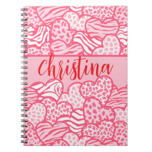 Girly Blush Pink Cute Animal Print Hearts Name Notebook