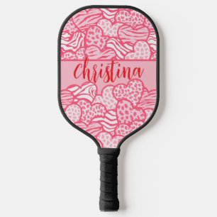 Girly Blush Pink Cute Animal Print Hearts Name  Pickleball Paddle