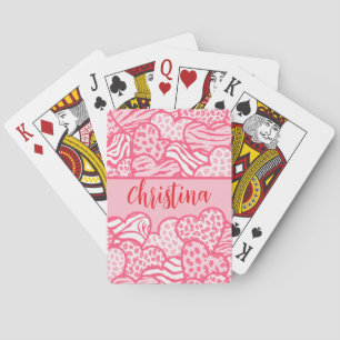 Girly Blush Pink Cute Animal Print Hearts Name Playing Cards