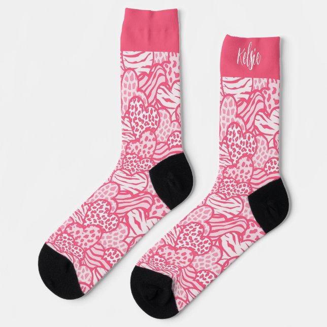 Girly Blush Pink Cute Animal Print Hearts Name  Socks (Left)