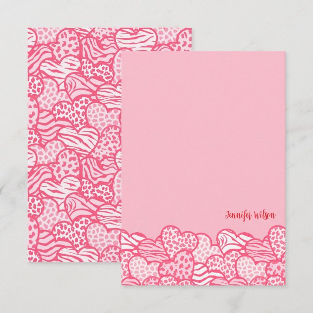 Girly Blush Pink Cute Animal Print Hearts Name Thank You Card (Front/Back)