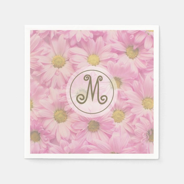 Girly Blush Pink Daisies Cute Custom Gold Monogram Napkin (Front)