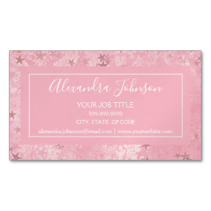 Girly Blush Pink Damask and Stars Pattern Magnetic Business Card