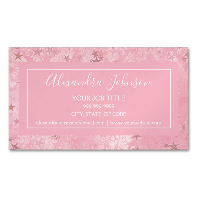 Girly Blush Pink Damask and Stars Pattern Magnetic Business Card (Front)