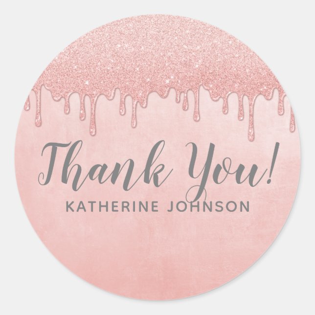 Girly Blush Pink Dripping Glitter Thank You Classic Round Sticker (Front)