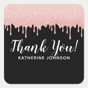 Girly Blush Pink Dripping Glitter Thank You  Squar Square Sticker