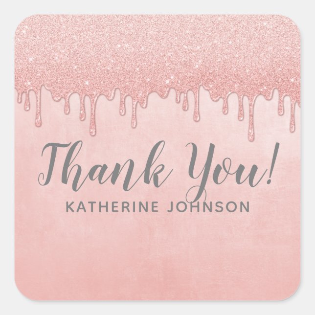 Girly Blush Pink Dripping Glitter Thank You  Square Sticker (Front)