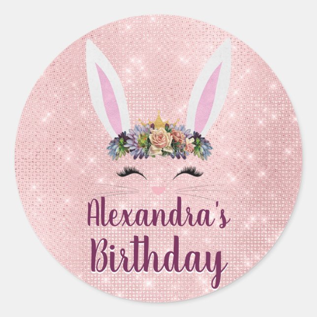 Girly Blush Pink Easter Bunny Birthday Party Classic Round Sticker (Front)