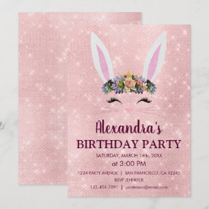 Girly Blush Pink Easter Bunny Birthday Party Invitation