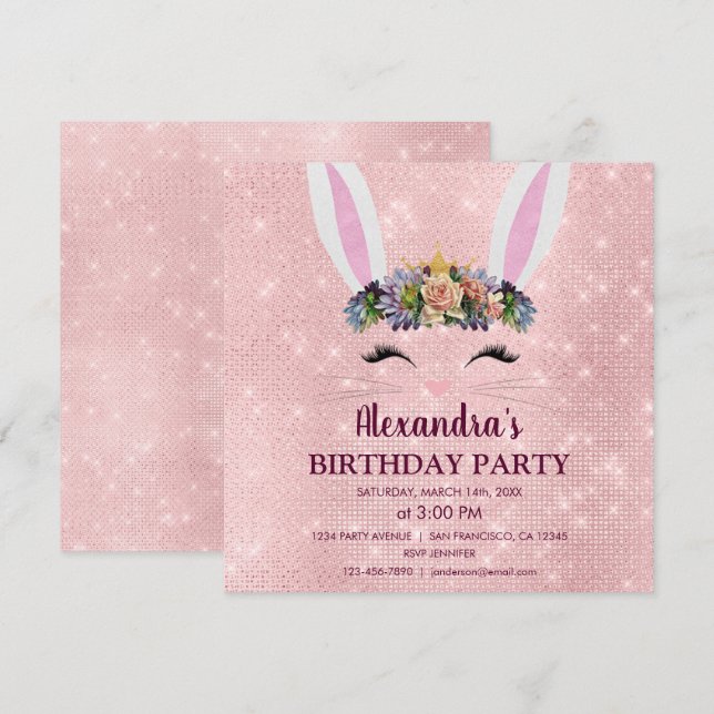 Girly Blush Pink Easter Bunny Birthday Party Invitation (Front/Back)