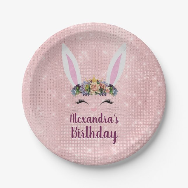 Girly Blush Pink Easter Bunny Birthday Party Paper Plate (Front)