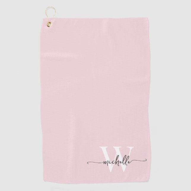 Girly Blush Pink Elegant Monogram Name Script Golf Towel (Front)