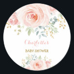 Girly Blush Pink Floral Baby Shower Favour Classic Round Sticker<br><div class="desc">This feminine design features gorgeous watercolor blush pink roses with gold leaf accents</div>