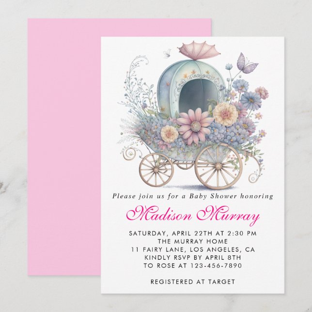 Girly Blush Pink Floral Buggy Stroller Baby Shower Invitation (Front/Back)