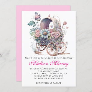 Girly Blush Pink Floral Buggy Stroller Baby Shower Invitation