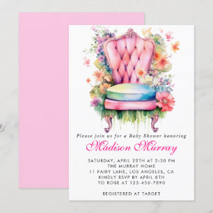 Girly Blush Pink Floral Flower Chair Baby Shower Invitation