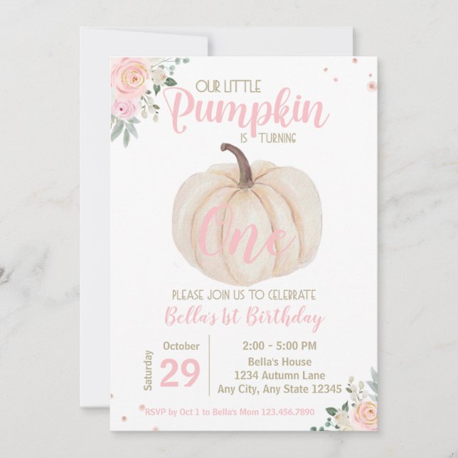 Girly Blush Pink Floral Pumpkin 1st Birthday Invitation (Front)