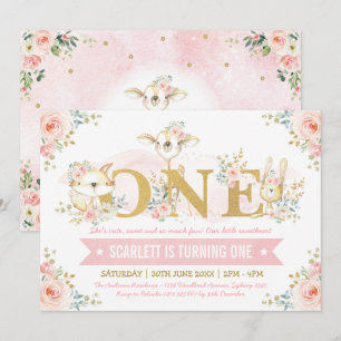 Girly Blush Pink Floral Rose 1st Birthday Party Invitation