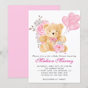 Girly Blush Pink Floral Teddy Bear Baby Shower Invitation
