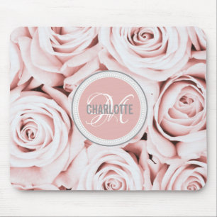 Girly blush pink flowers monogrammed name mouse mat