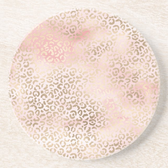 Girly Blush Pink Glam Gold Leopard Print Coaster (Front)