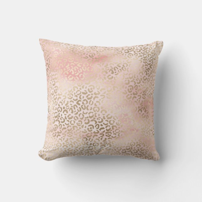 Girly Blush Pink Glam Gold Leopard Print Cushion (Front)