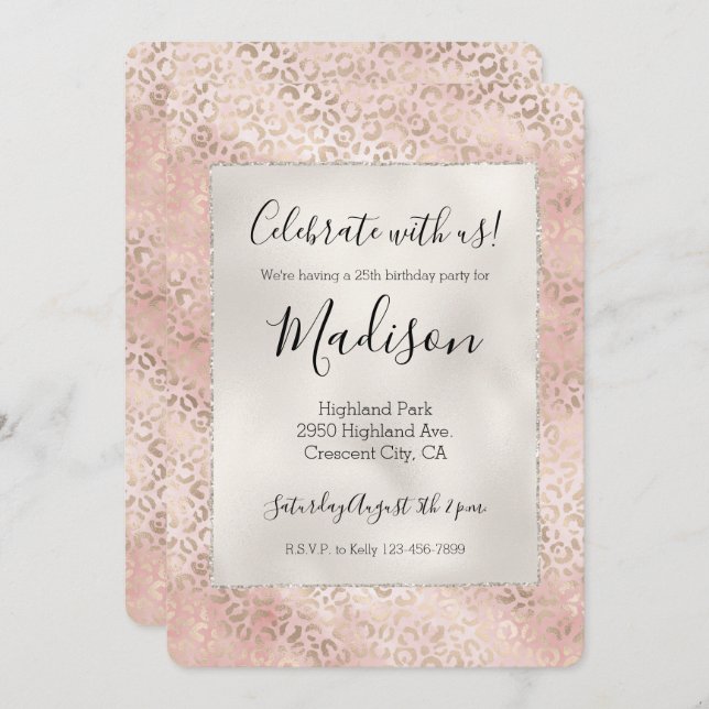 Girly Blush Pink Glam Gold Leopard Print Invitation (Front/Back)