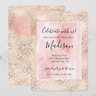 Girly Blush Pink Glam Gold Leopard Print Invitation