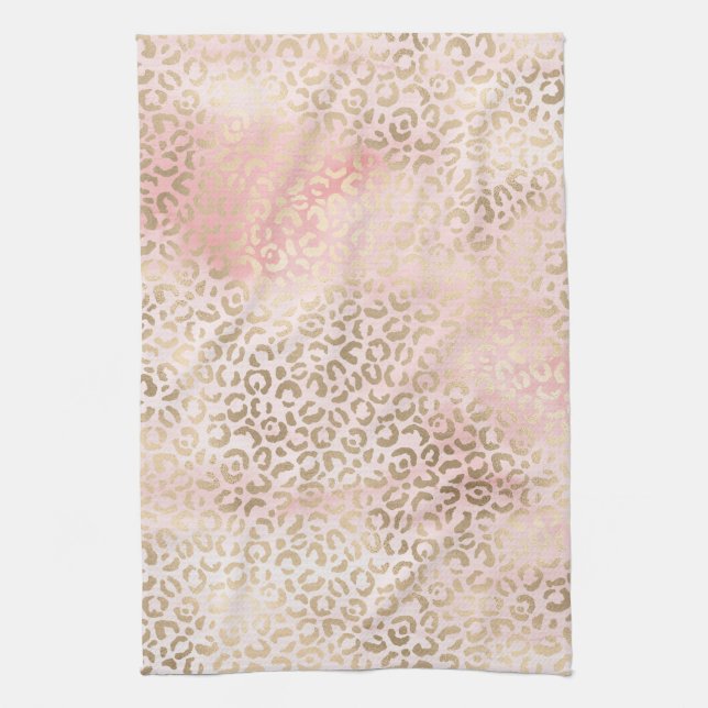 Girly Blush Pink Glam Gold Leopard Print Tea Towel (Vertical)