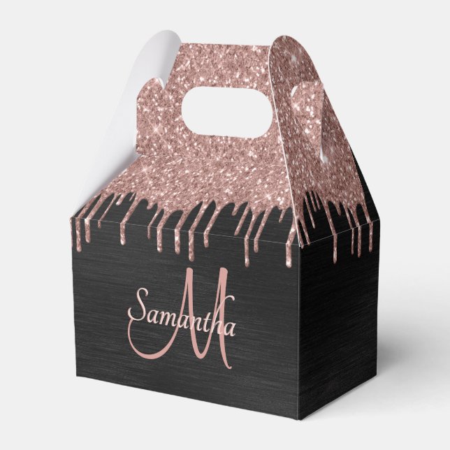 Girly Blush Pink Glitter Black Monogram Name Favou Favour Box (Front Side)