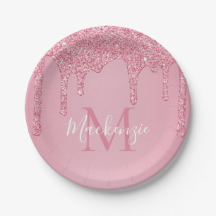 Girly Blush Pink Glitter Drips Monogram Birthday Paper Plate