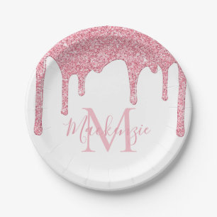 Girly Blush Pink Glitter Drips Monogram Birthday Paper Plate