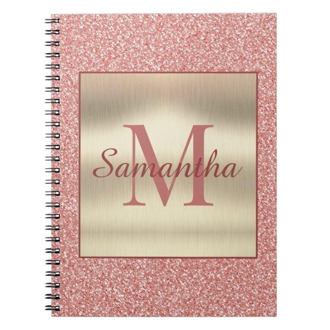 Girly Blush Pink Glitter Gold Monogram Name Notebook (Front)