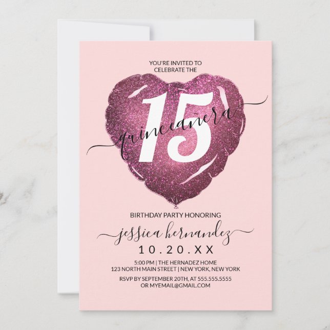 Girly Blush Pink Glitter Heart Balloon Quinceañera Invitation (Front)