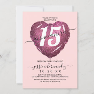 Girly Blush Pink Glitter Heart Balloon Quinceañera Invitation