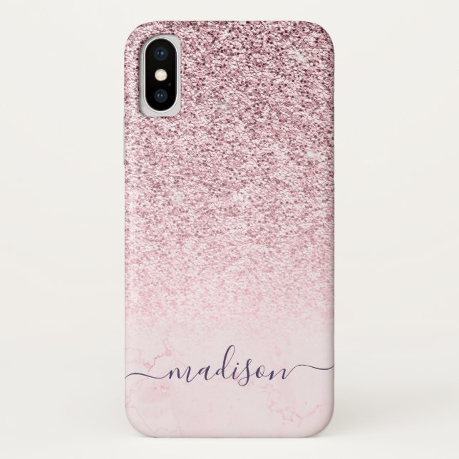 Girly Blush Pink Glitter Marble Script Name Case-Mate iPhone Case (Back)