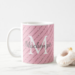 Girly Blush Pink Glitter Stripes Monogram Coffee Mug