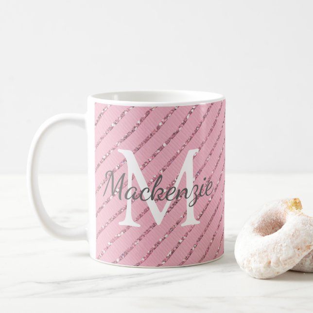 Girly Blush Pink Glitter Stripes Monogram Coffee Mug (With Donut)