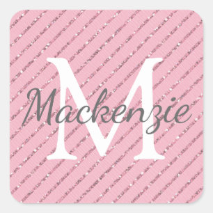 Girly Blush Pink Glitter Stripes Monogram Square Sticker