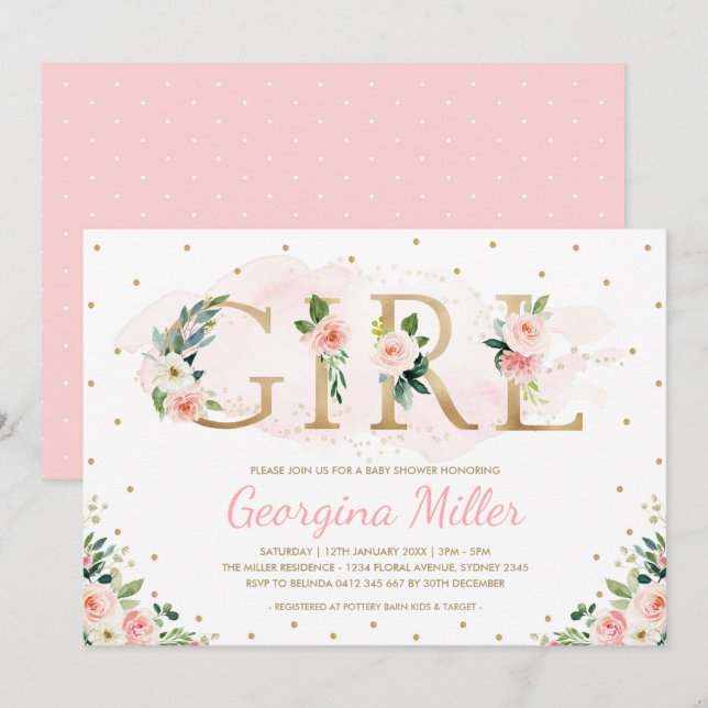 Girly Blush Pink Gold Floral Baby Girl Shower Invitation (Front/Back)