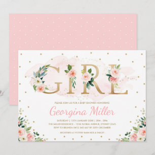 Girly Blush Pink Gold Floral Baby Girl Shower Invitation