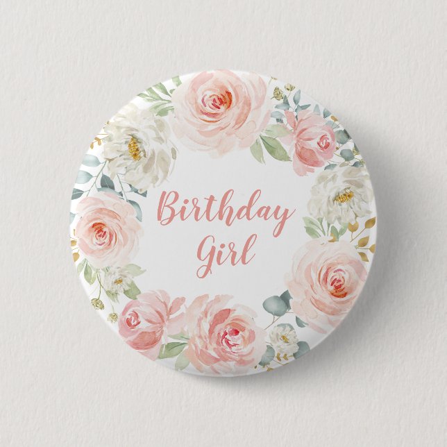 Girly Blush Pink Gold Floral First 1st Birthday 6 Cm Round Badge (Front)