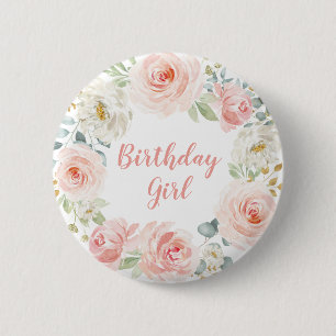 Girly Blush Pink Gold Floral First 1st Birthday 6 Cm Round Badge
