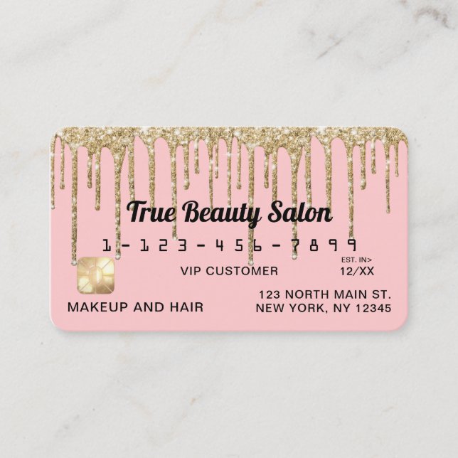 Girly Blush Pink Gold Glitter Drips Credit Business Card (Front)