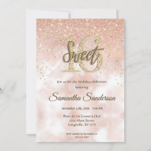 Girly Blush Pink Gold Glitter Sparkle Sweet 16 Invitation